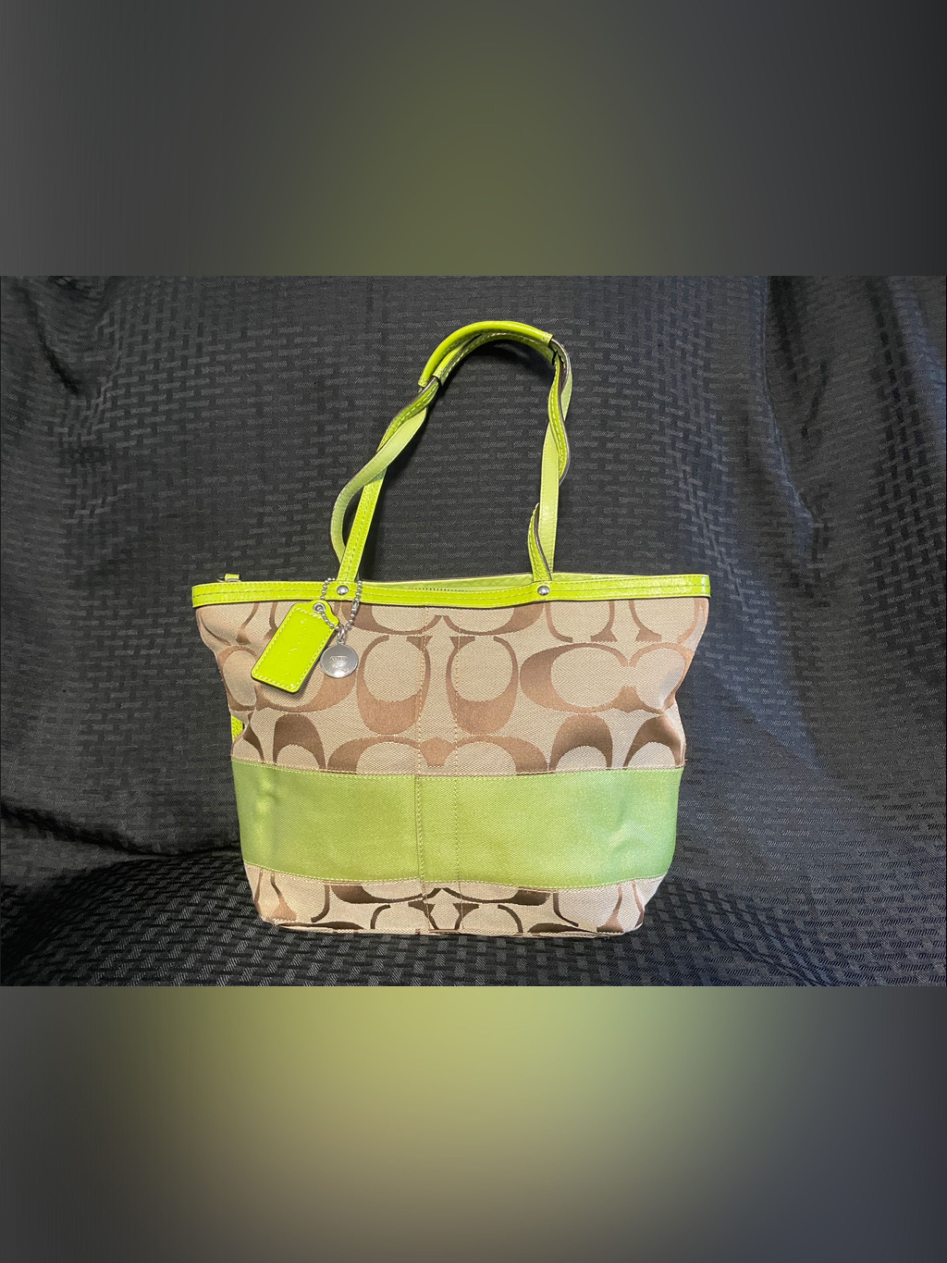 Coach Signature Canvas Tote With Neon Lime Trim/ Good Condition